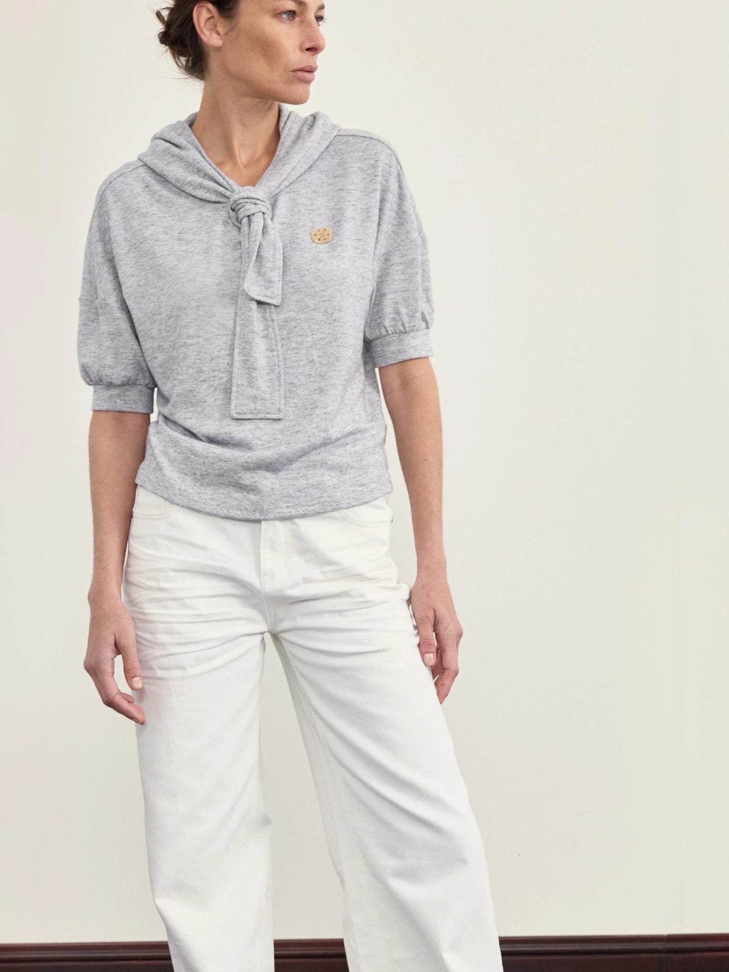 Hooded Tie Neck Button Detail Drop Shoulder Short Sleeve Tee