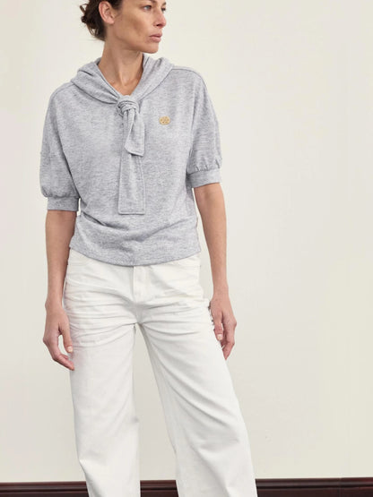 Hooded Tie Neck Button Detail Drop Shoulder Short Sleeve Tee