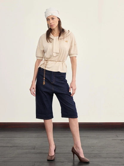 Hooded Tie Neck Button Detail Drop Shoulder Short Sleeve Tee