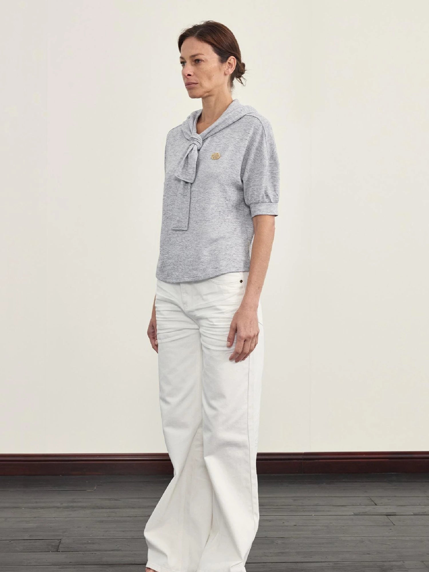 Hooded Tie Neck Button Detail Drop Shoulder Short Sleeve Tee