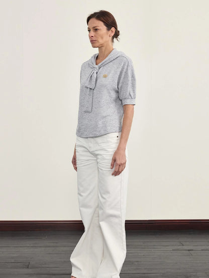 Hooded Tie Neck Button Detail Drop Shoulder Short Sleeve Tee