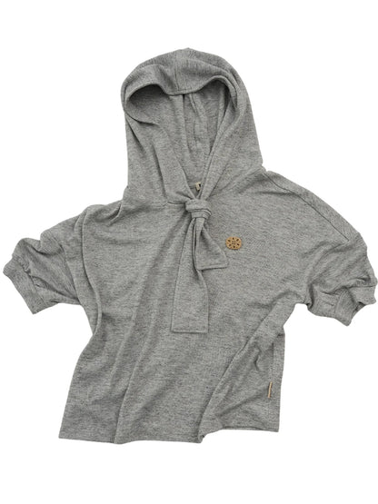 Hooded Tie Neck Button Detail Drop Shoulder Short Sleeve Tee