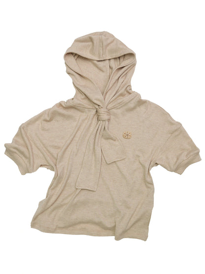 Hooded Tie Neck Button Detail Drop Shoulder Short Sleeve Tee