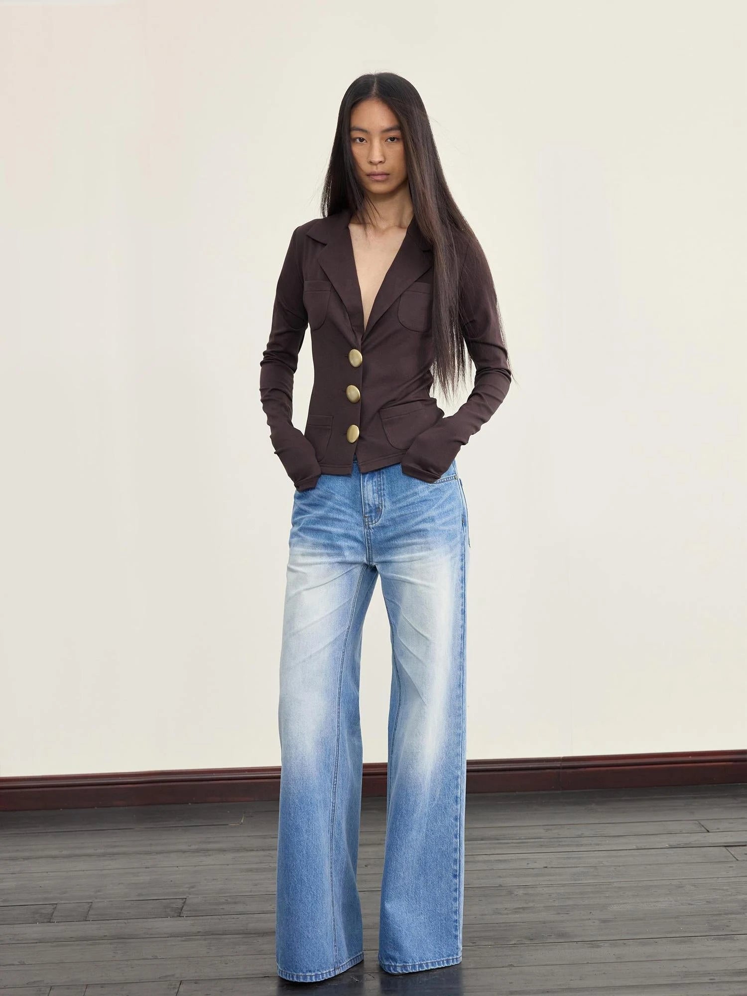 Ice Blue Washed Straight Jeans With Natural Faded Creases