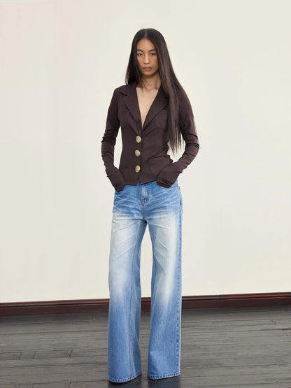 Ice Blue Washed Straight Jeans With Natural Faded Creases