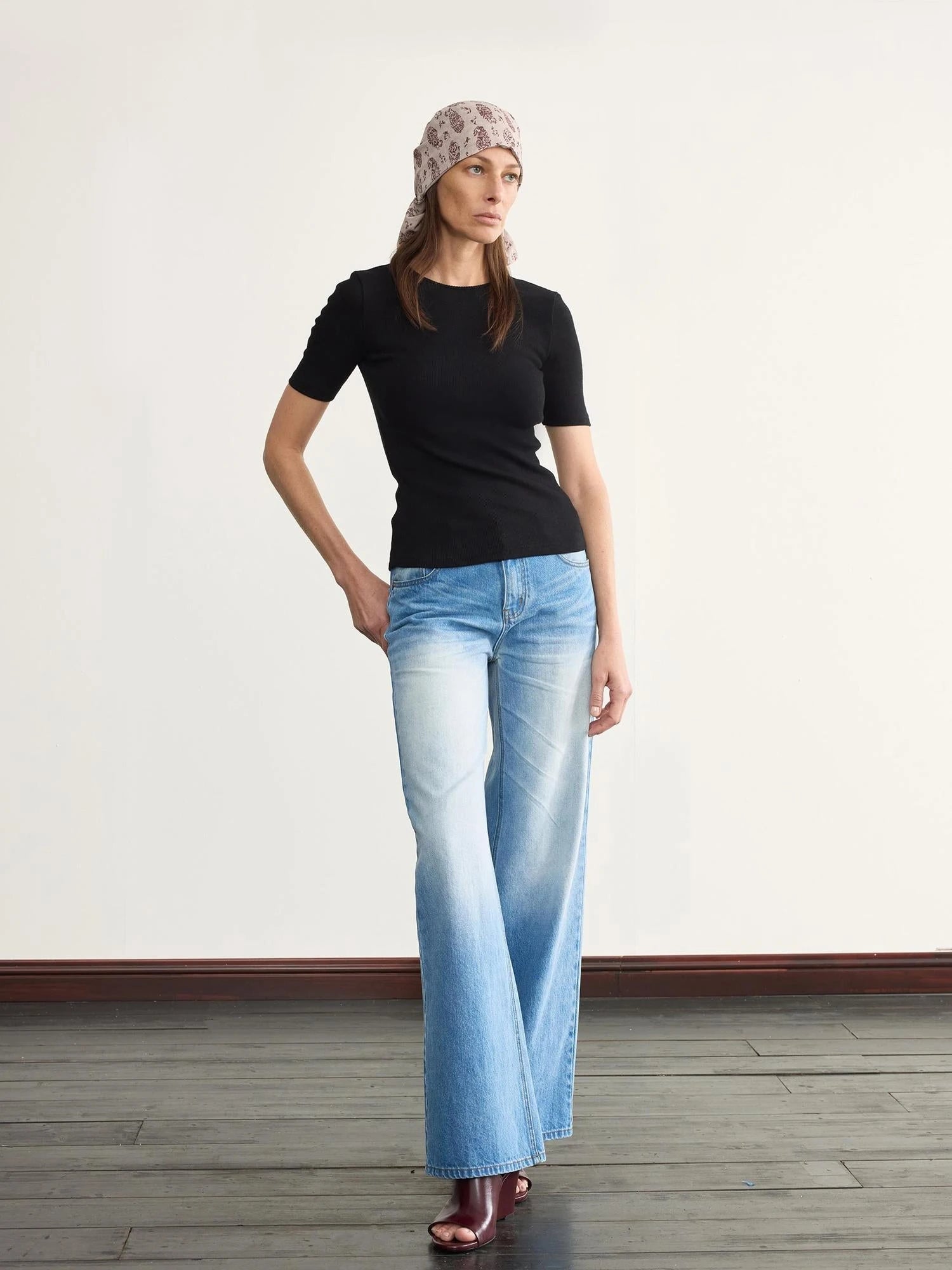 Ice Blue Washed Straight Jeans With Natural Faded Creases
