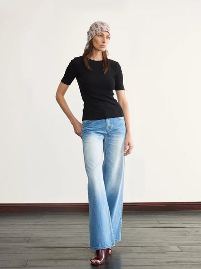Ice Blue Washed Straight Jeans With Natural Faded Creases
