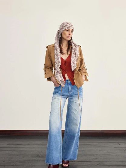 Ice Blue Washed Straight Jeans With Natural Faded Creases