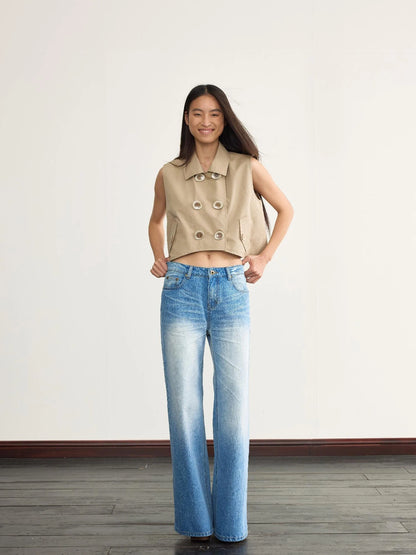 Ice Blue Washed Straight Jeans With Natural Faded Creases
