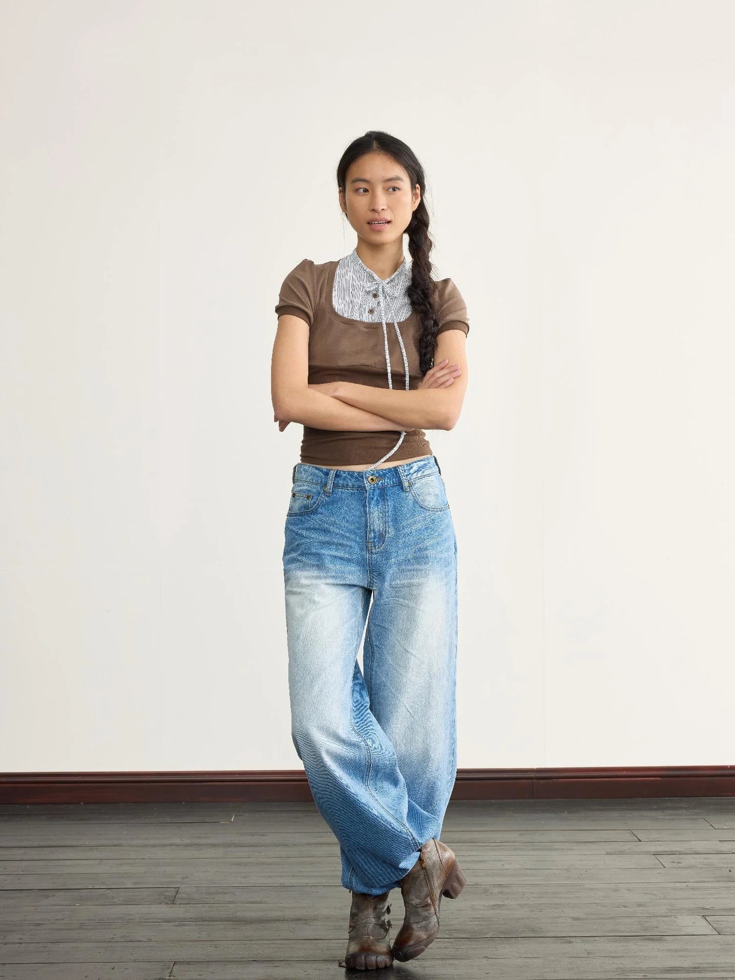 Ice Blue Washed Straight Jeans With Natural Faded Creases