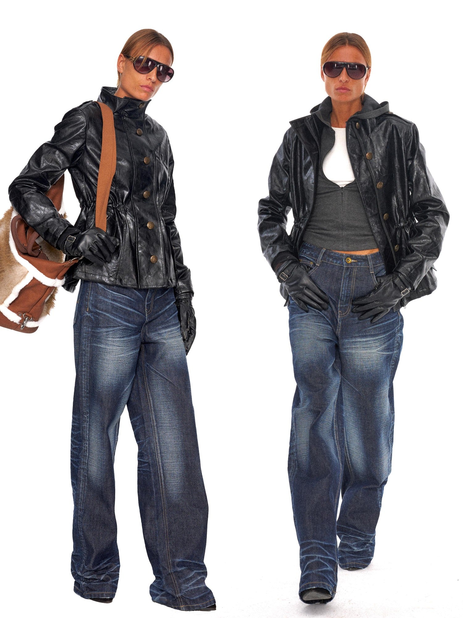 NyDkyel Insulated Fitted Waist Hidden Zip Unisex Faux Leather Puffer Jacket
