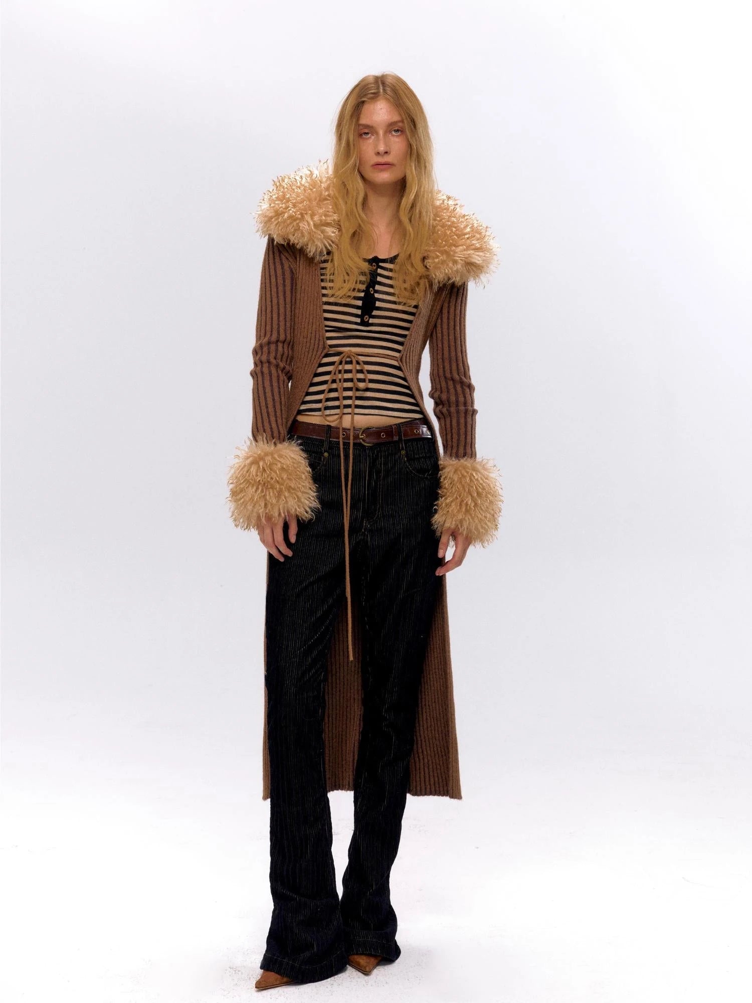 Knit Turtleneck Cable Tie Front Long Cardigan