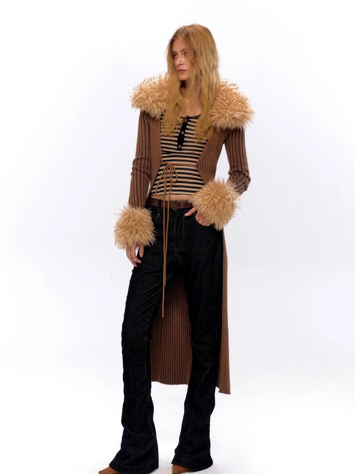 Knit Turtleneck Cable Tie Front Long Cardigan
