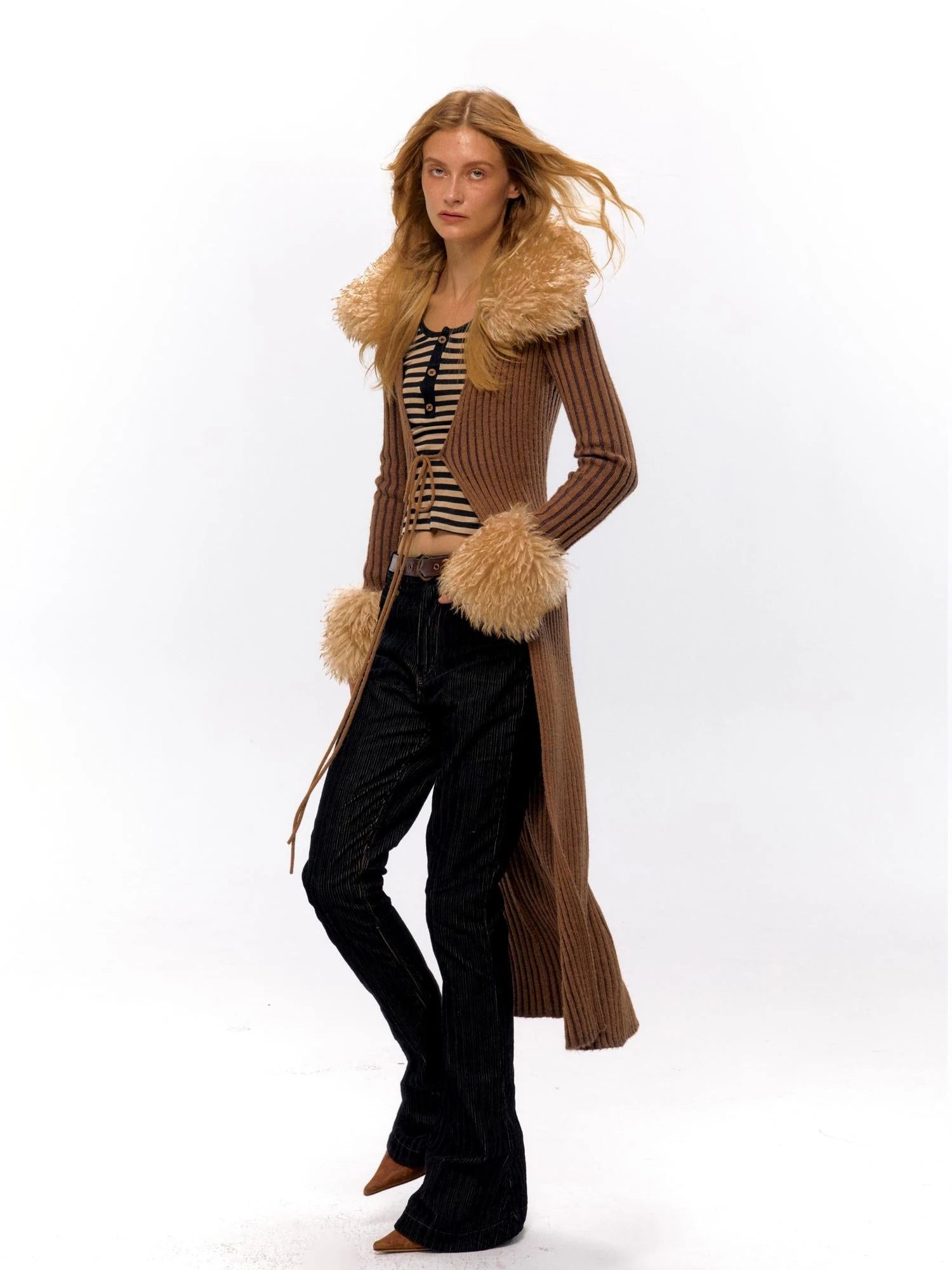 Knit Turtleneck Cable Tie Front Long Cardigan