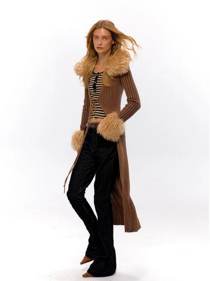 Knit Turtleneck Cable Tie Front Long Cardigan