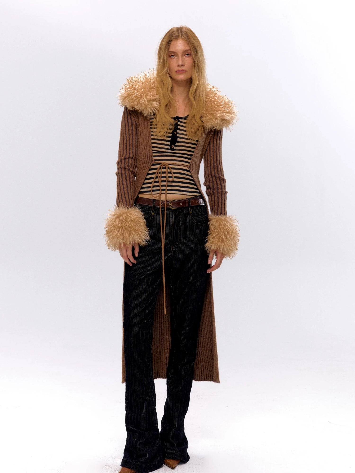 Knit Turtleneck Cable Tie Front Long Cardigan