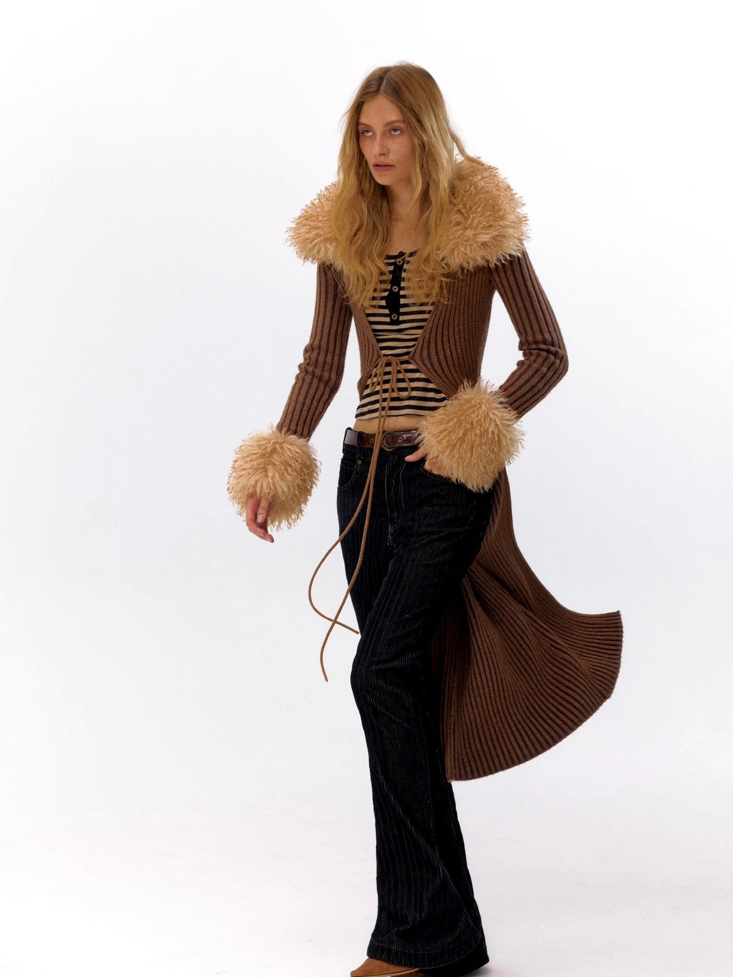 Knit Turtleneck Cable Tie Front Long Cardigan