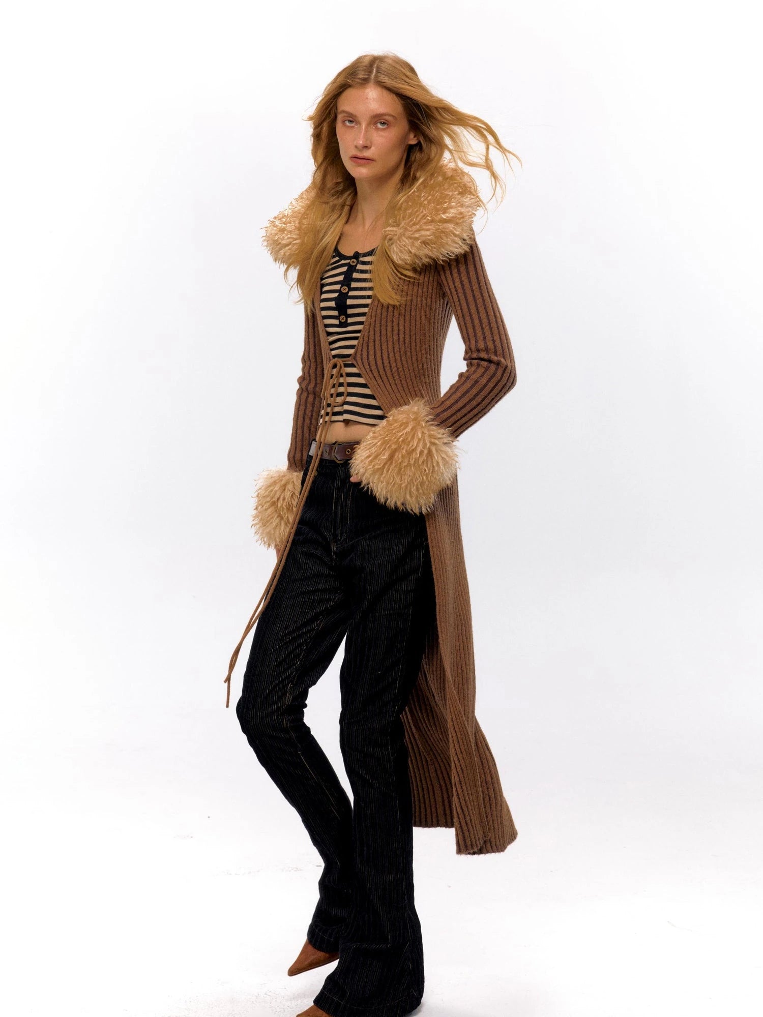 Knit Turtleneck Cable Tie Front Long Cardigan
