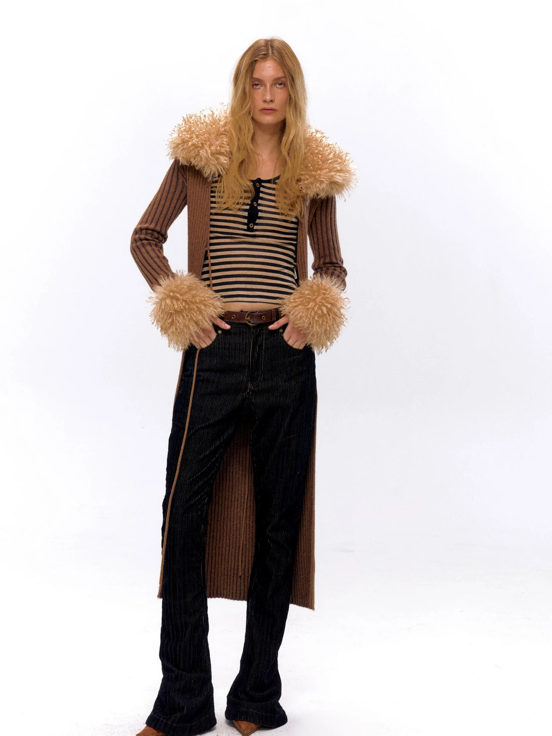 Knit Turtleneck Cable Tie Front Long Cardigan