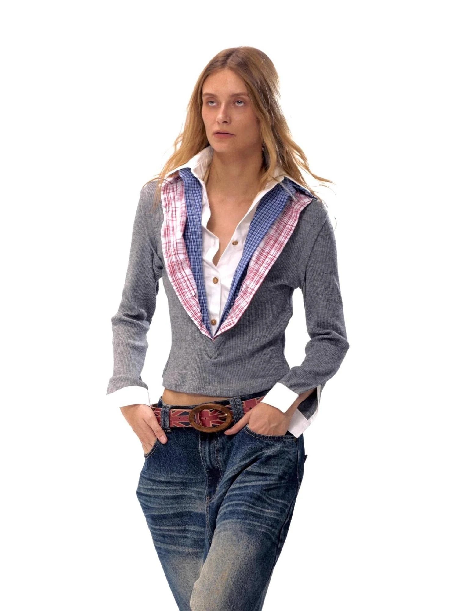 Layered Plaid Shirt Collar Knit Top