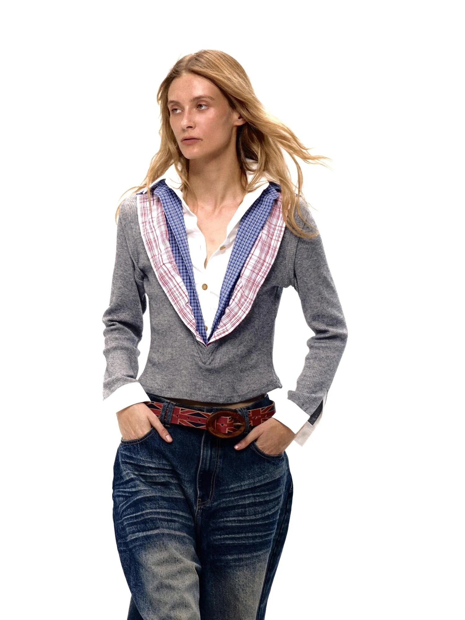 Layered Plaid Shirt Collar Knit Top