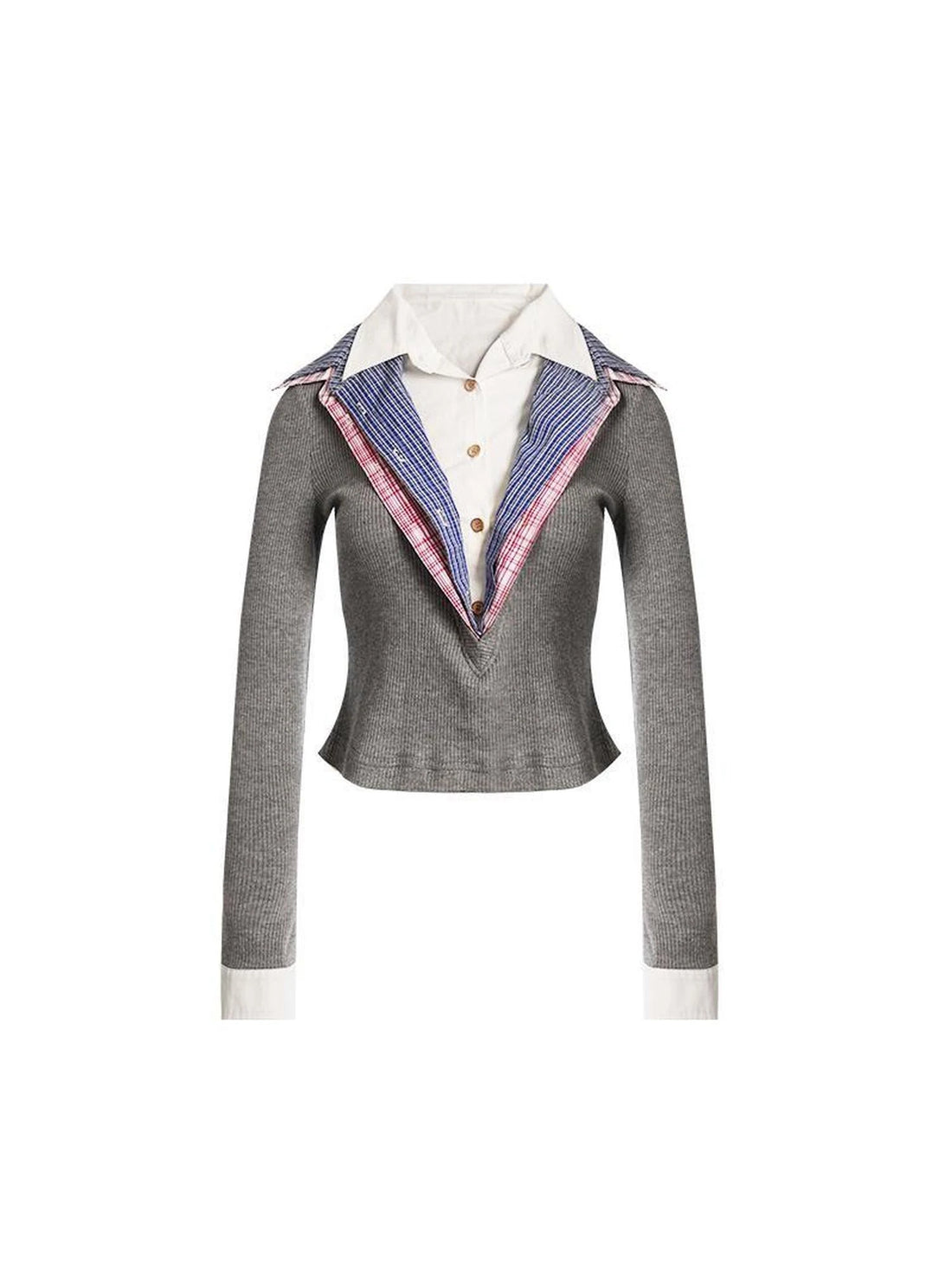 Layered Plaid Shirt Collar Knit Top