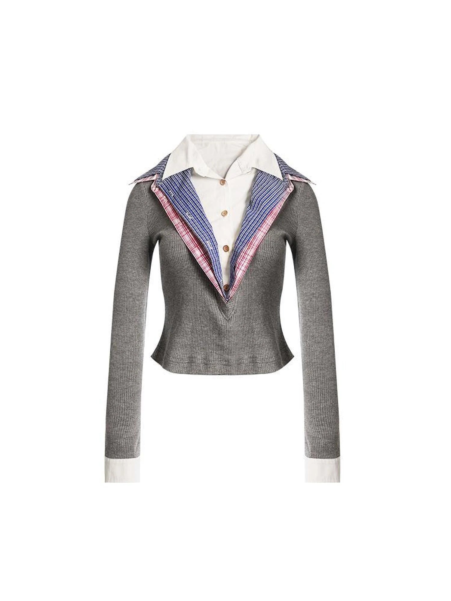 Layered Plaid Shirt Collar Knit Top