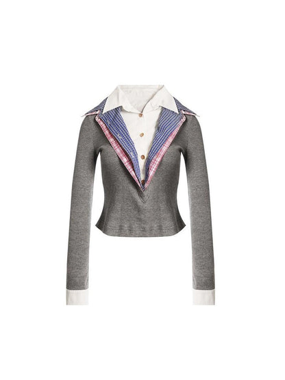 Layered Plaid Shirt Collar Knit Top
