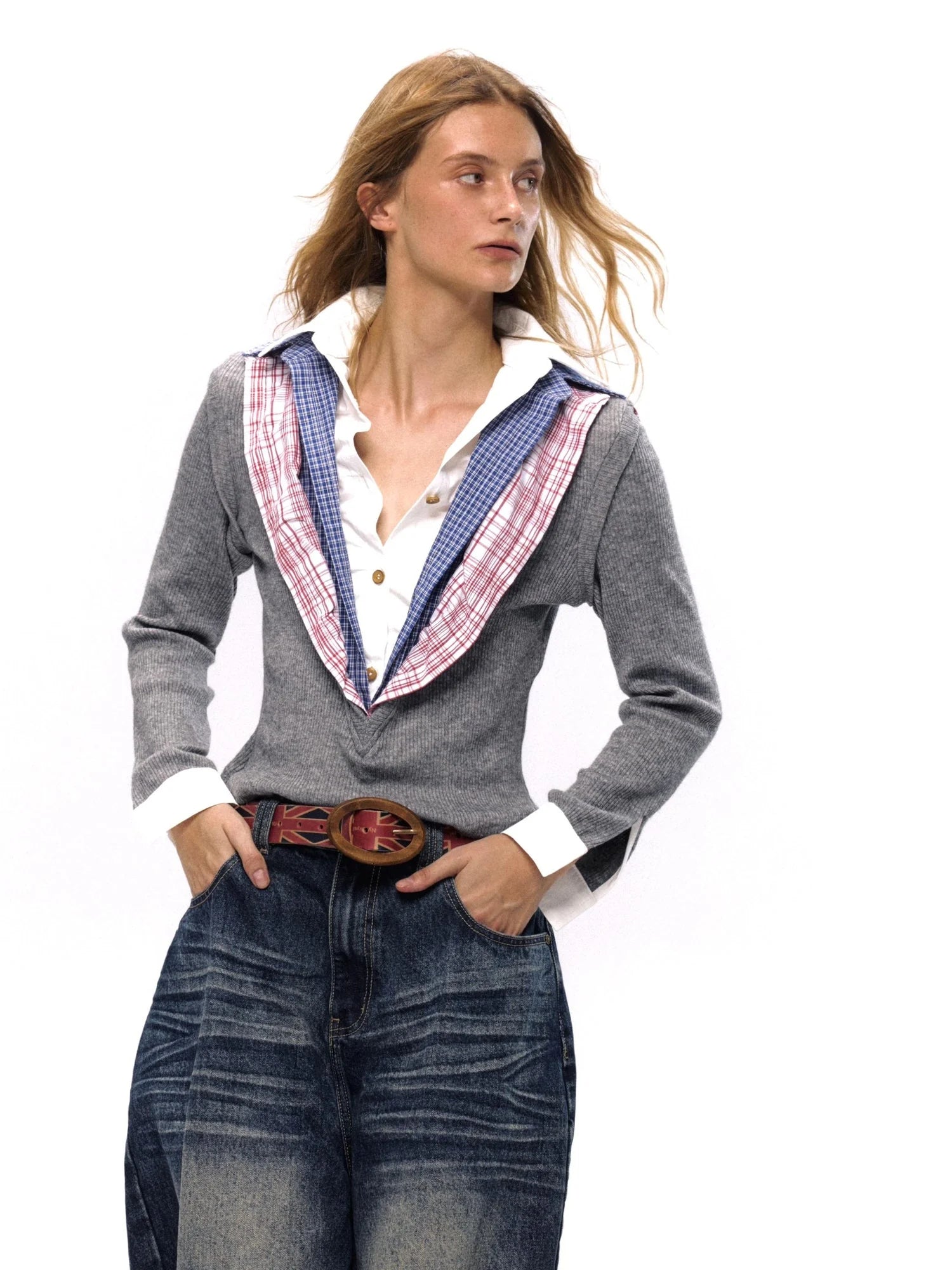 Layered Plaid Shirt Collar Knit Top