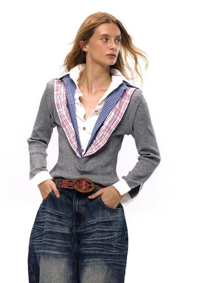 Layered Plaid Shirt Collar Knit Top