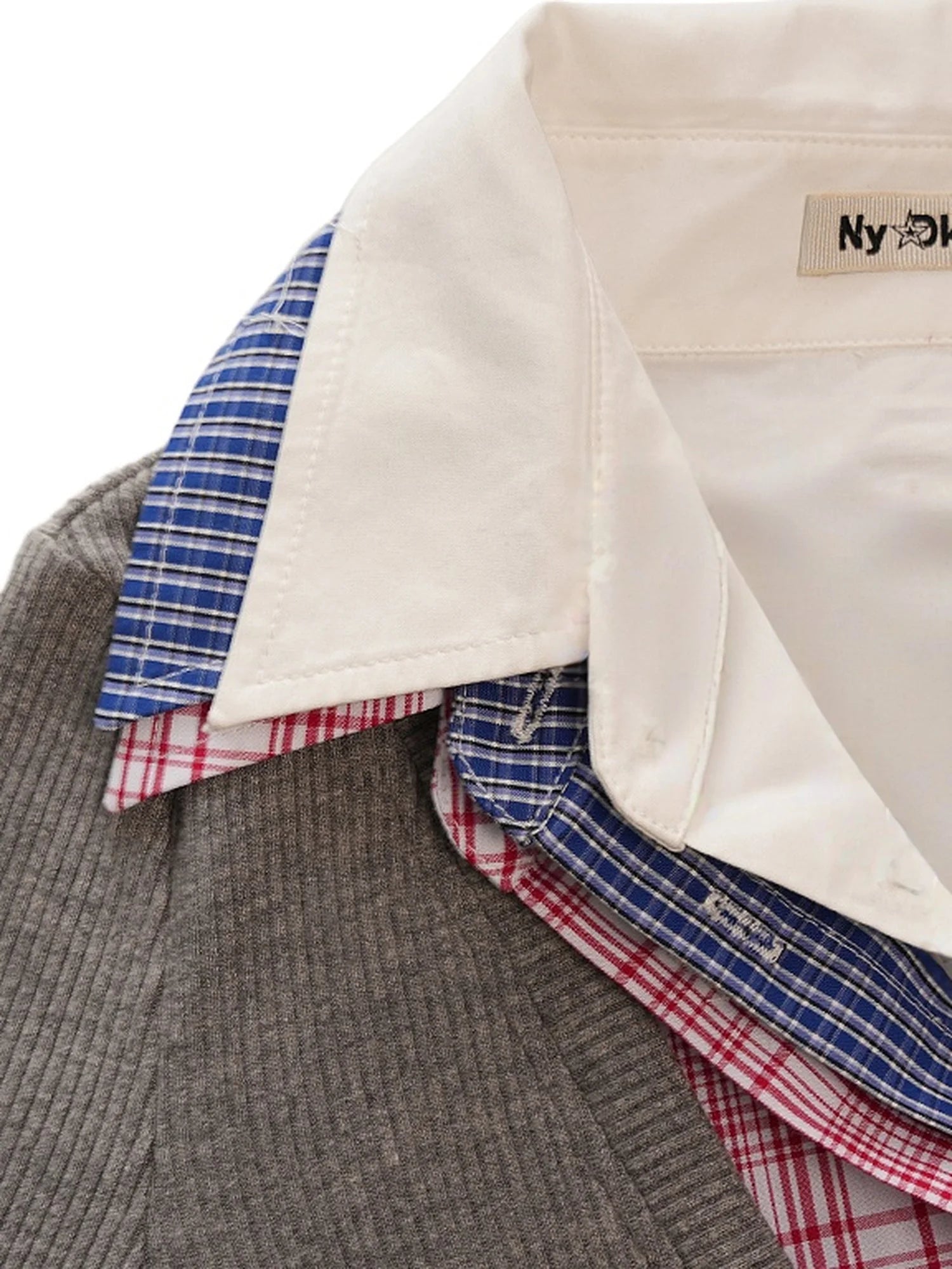 Layered Plaid Shirt Collar Knit Top