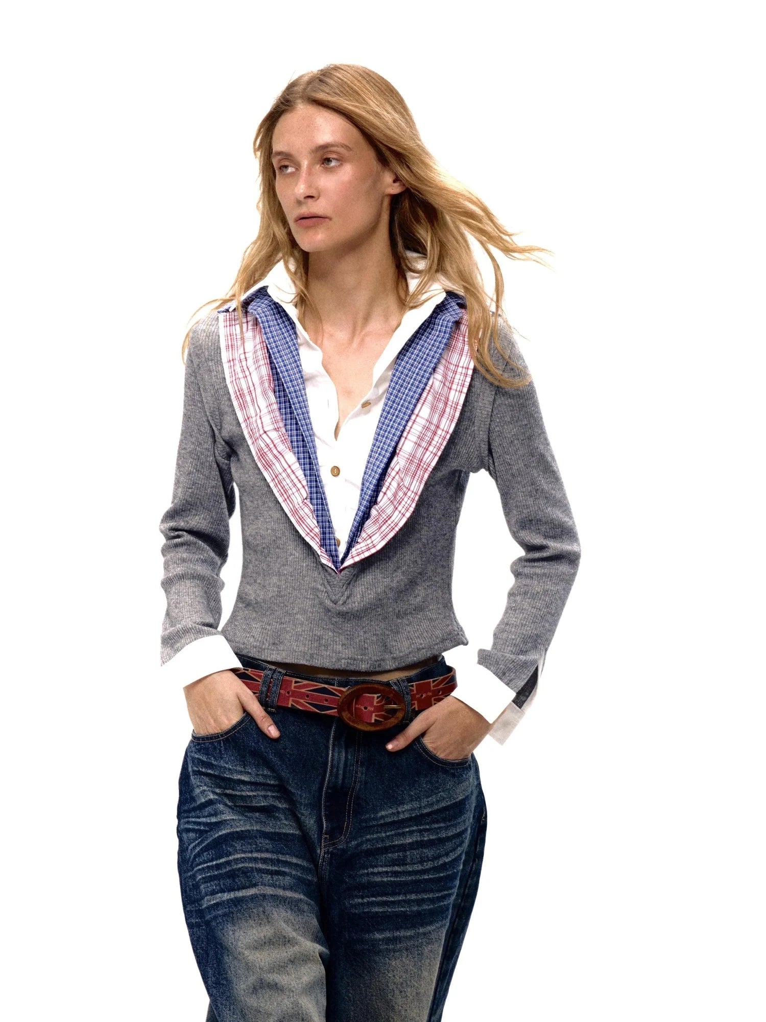 Layered Plaid Shirt Collar Knit Top