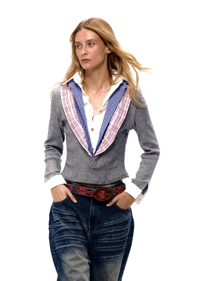 Layered Plaid Shirt Collar Knit Top