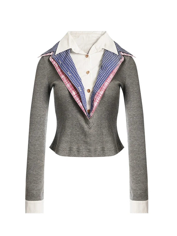 Layered Plaid Shirt Collar Knit Top