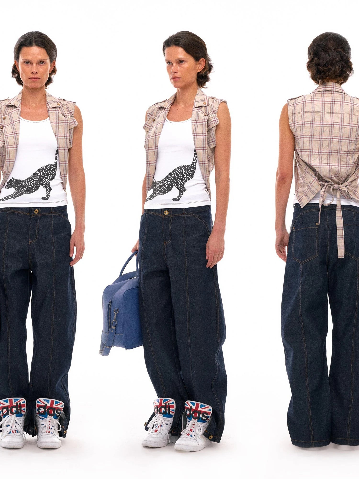 Linen Blend Checked Waistcoat With Adjustable Drawcord And Notched Collar