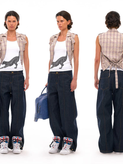 Linen Blend Checked Waistcoat With Adjustable Drawcord And Notched Collar