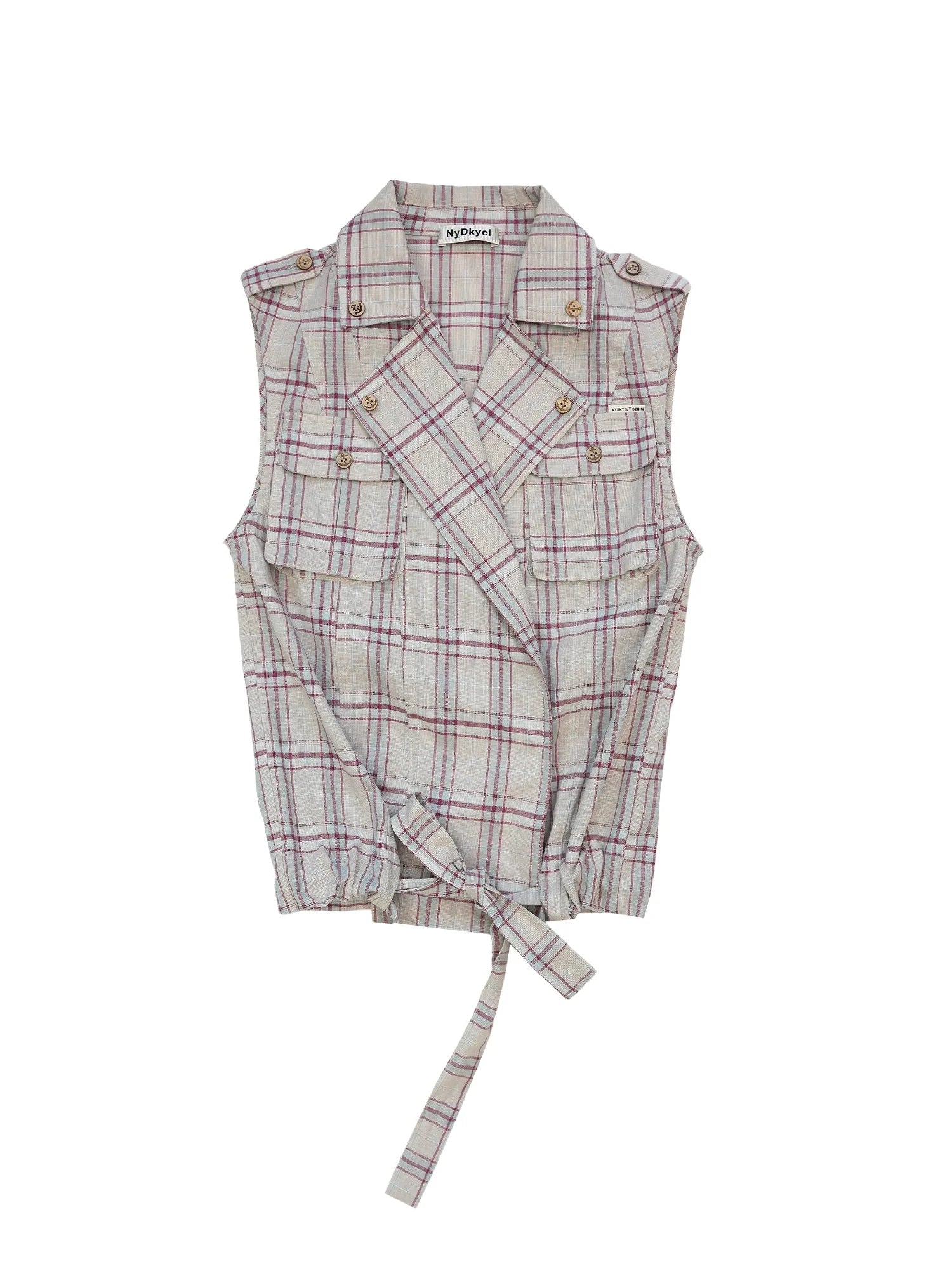 Linen Blend Checked Waistcoat With Adjustable Drawcord And Notched Collar