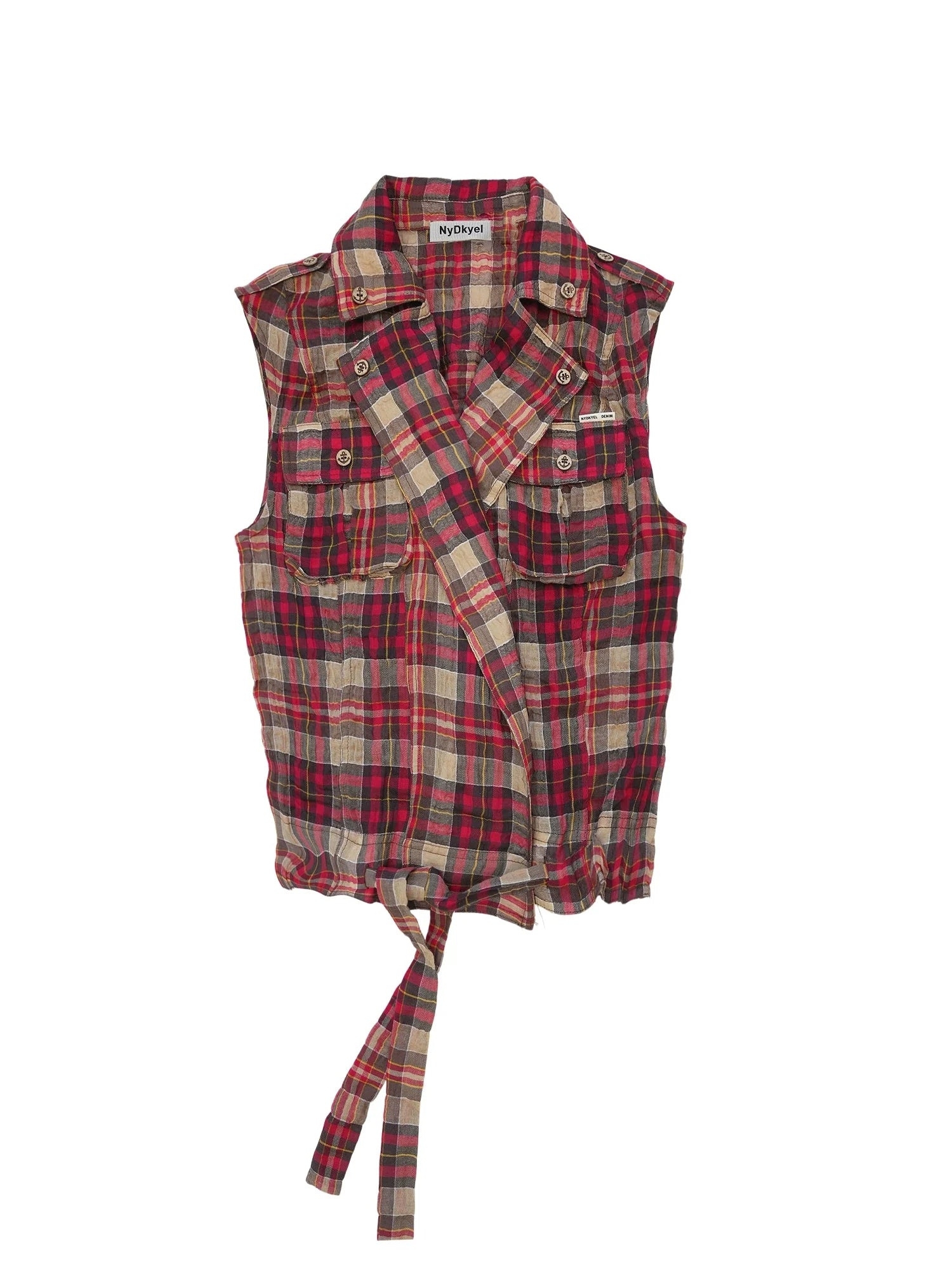 Linen Blend Checked Waistcoat With Adjustable Drawcord And Notched Collar
