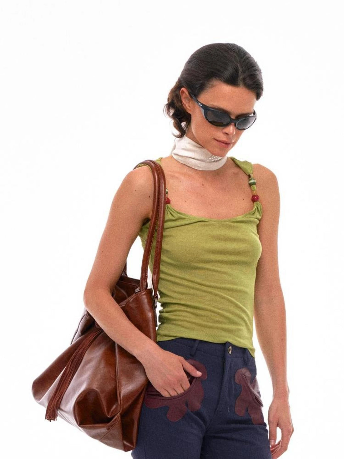 Linen Blend Embroidered Leaf Scarf With Natural Texture