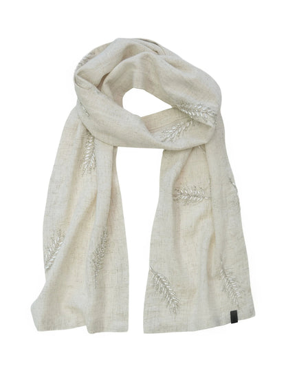 Linen Blend Embroidered Leaf Scarf With Natural Texture