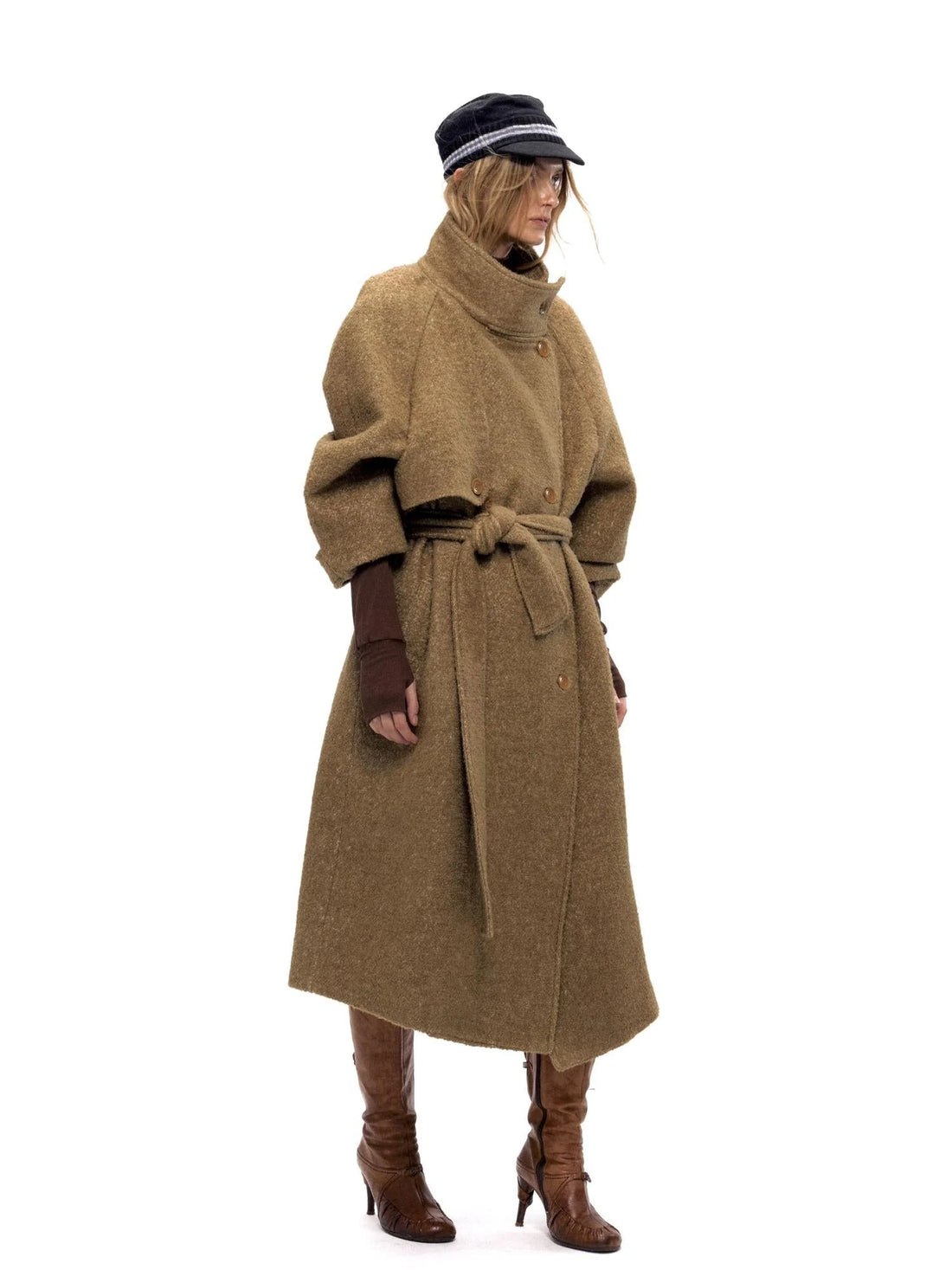 Long Wool Blend Trench Coat with Detachable Belt