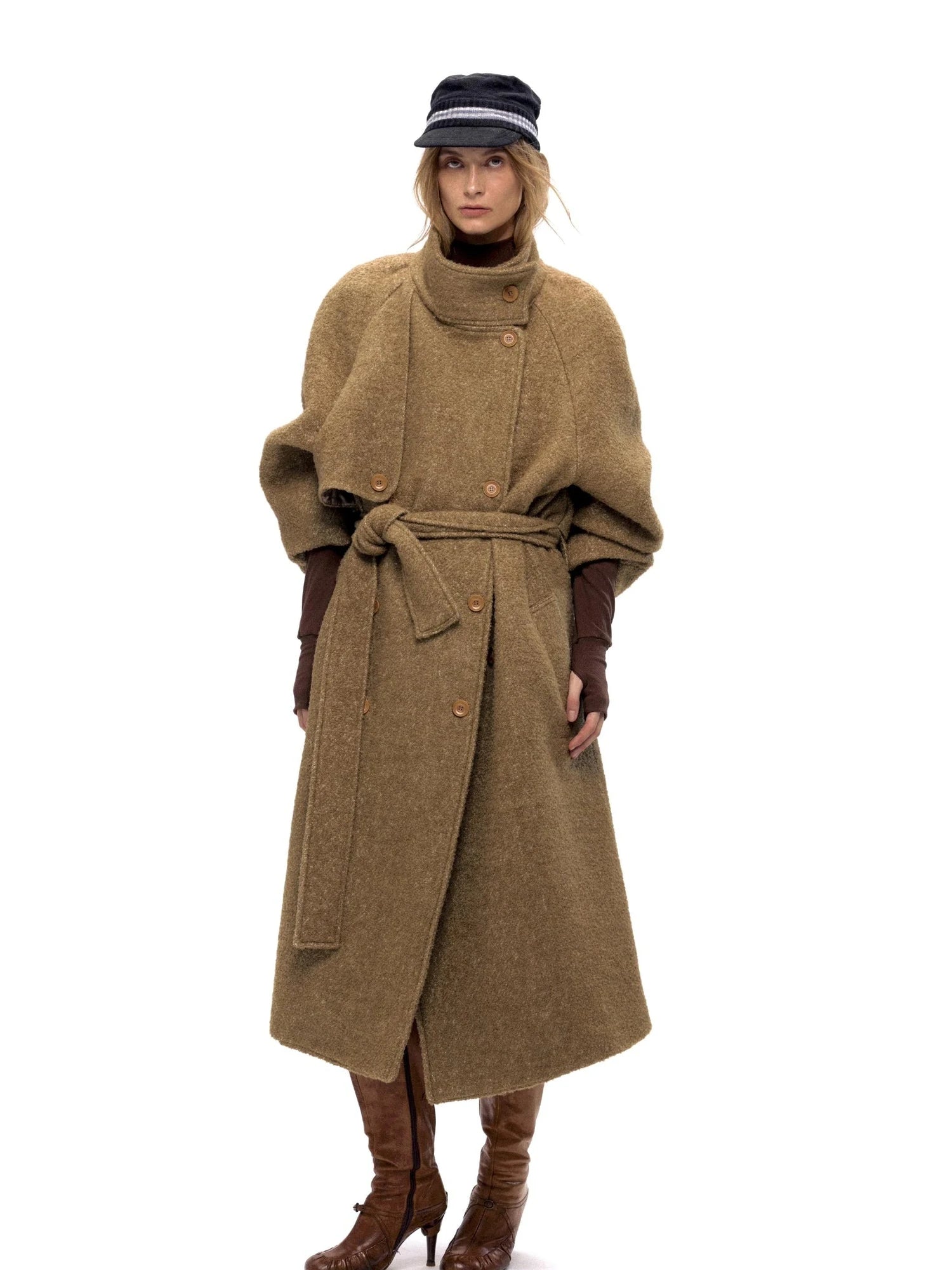 Long Wool Blend Trench Coat with Detachable Belt
