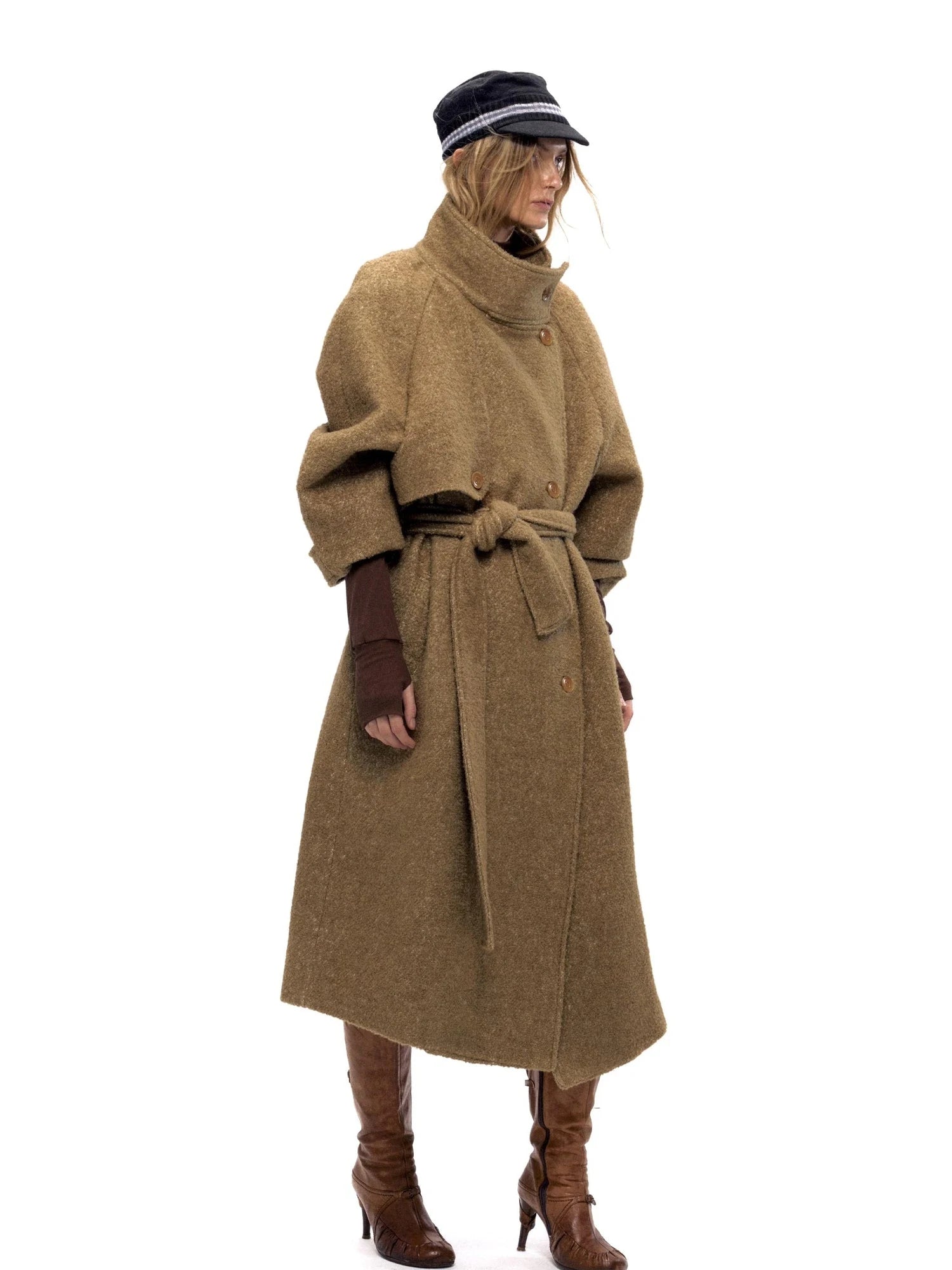 Long Wool Blend Trench Coat with Detachable Belt