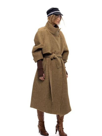 Long Wool Blend Trench Coat with Detachable Belt