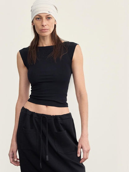 NyDkyel Lycra Blend Ribbed Boat Neck T-shirt With Back Strap Detail
