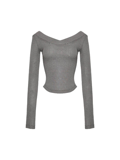NyDkyel Lyocell Blend Asymmetric Urban Slim V-ceck Long Sleeve Striped Gray T-Shirt