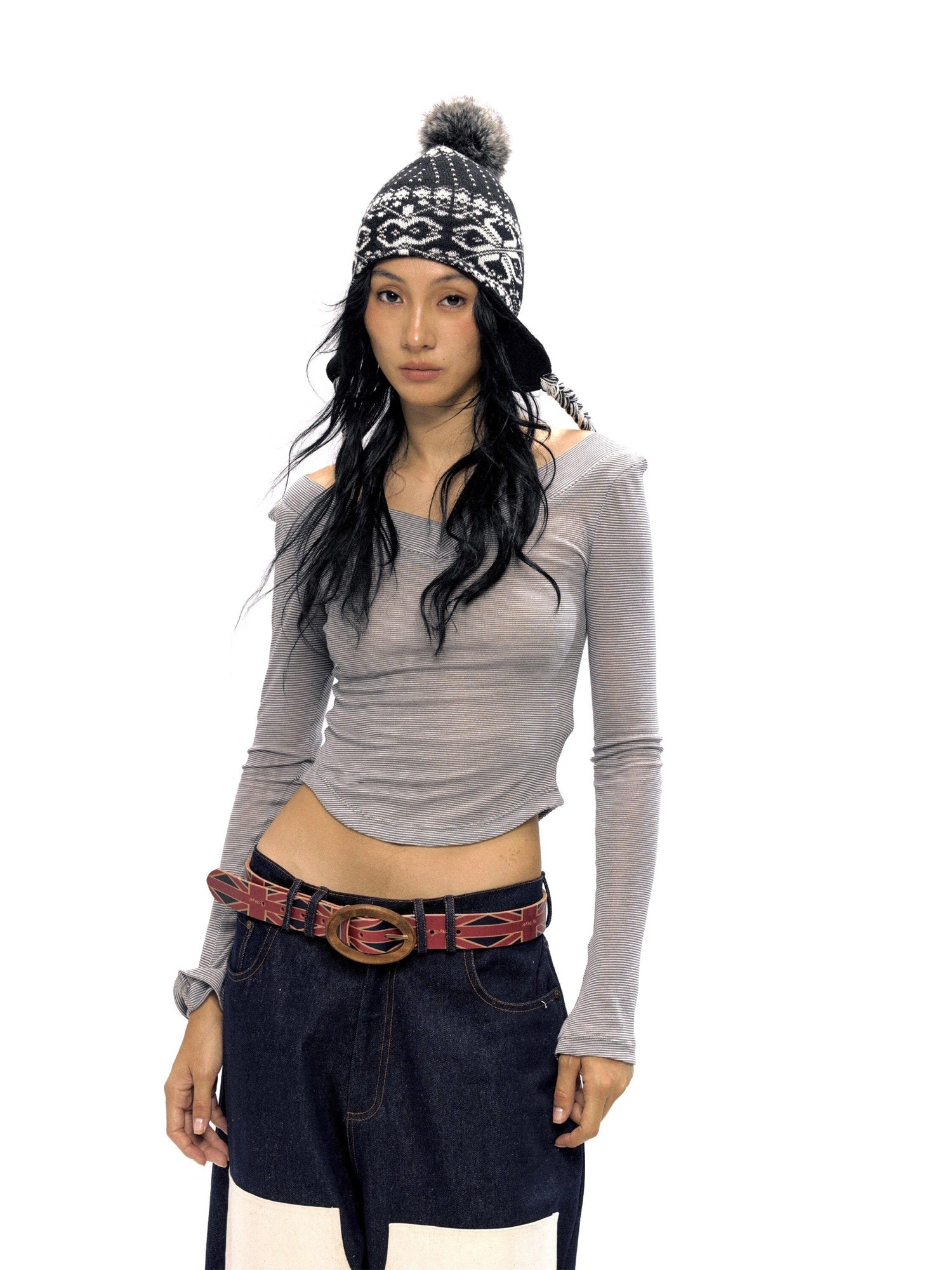 NyDkyel Lyocell Blend Asymmetric Urban Slim V-ceck Long Sleeve Striped Gray T-Shirt