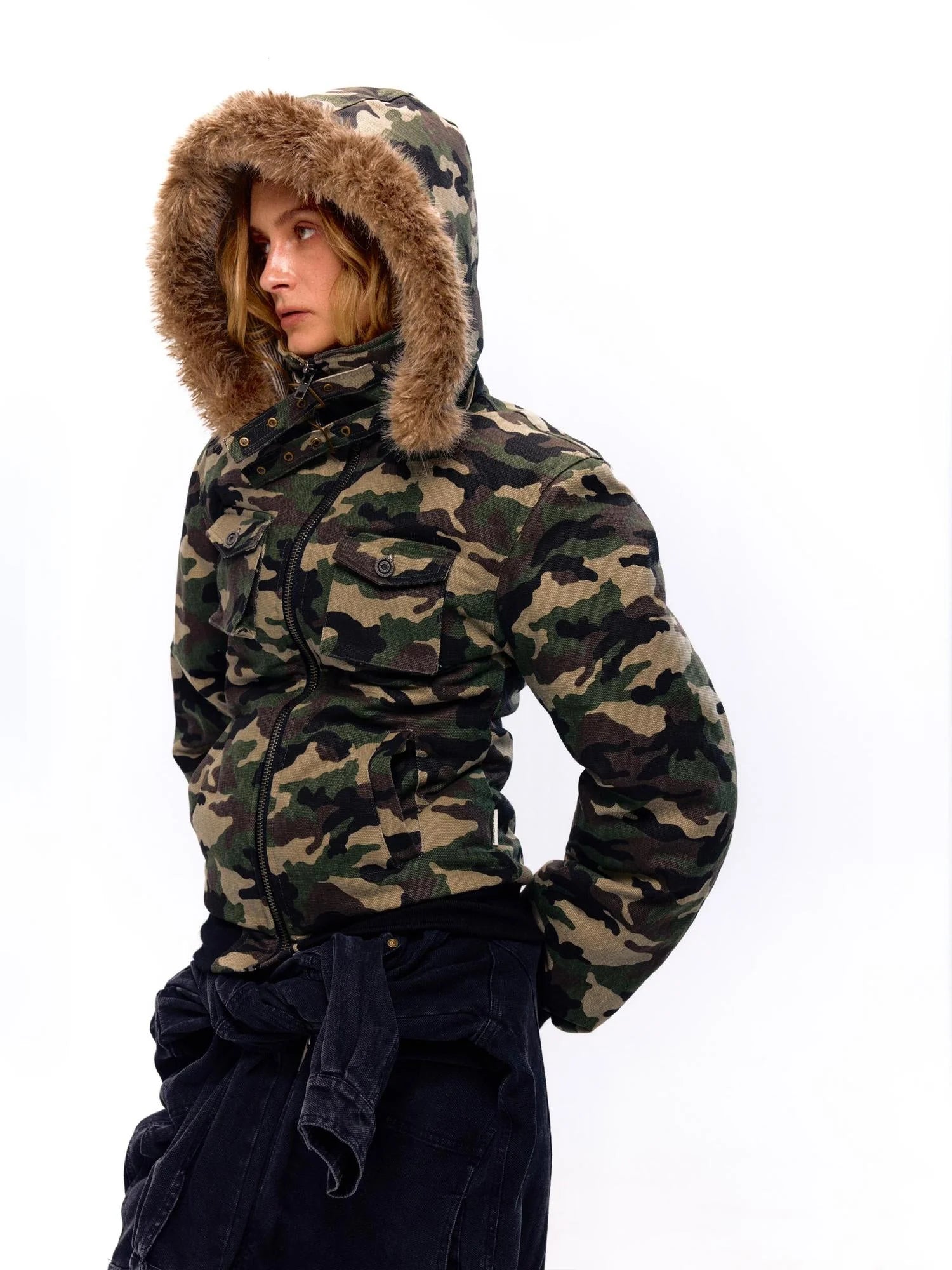 Military Style Camo Washed Cotton Jacket With Detachable Fur Hood