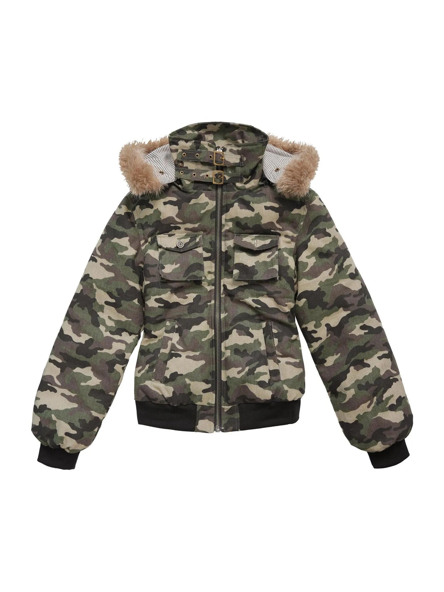 Military Style Camo Washed Cotton Jacket With Detachable Fur Hood