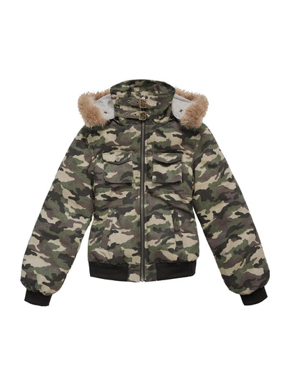 Military Style Camo Washed Cotton Jacket With Detachable Fur Hood